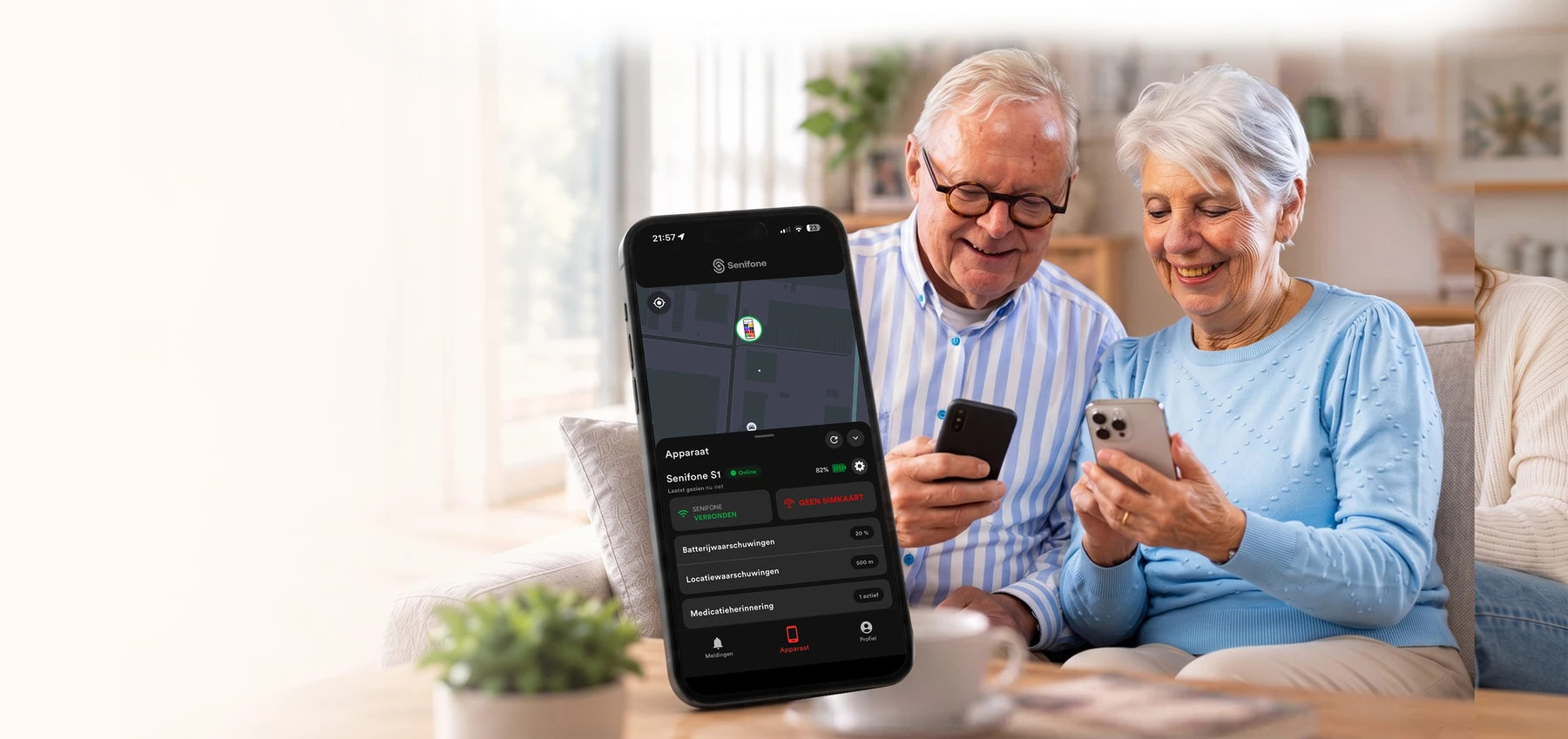 Seniors using phones alongside a preview of the Senifone Companion App