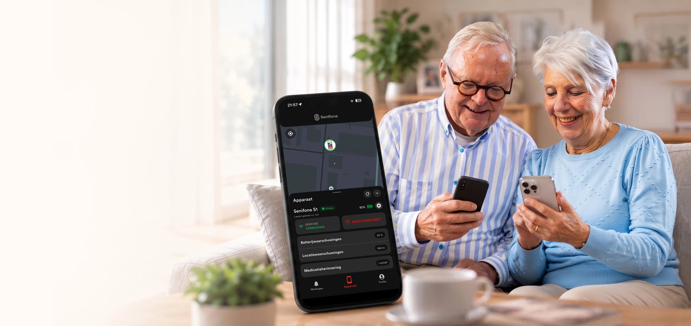 Seniors using phones alongside a preview of the Senifone Companion App